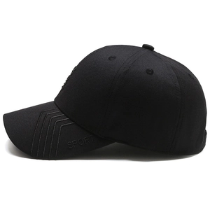 Minimalist black cotton baseball cap featuring SPORT embroidery and athletic V-stitching