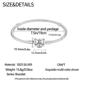 Detailed size chart for S925 silver butterfly charm bracelet with cubic zirconia