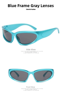 Detail view of futuristic Y2K sports sunglasses with tiffany blue frame and grey lenses