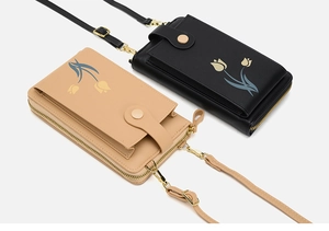 Flat lay detail of tulip floral mini crossbody phone bags in black and beige PU leather