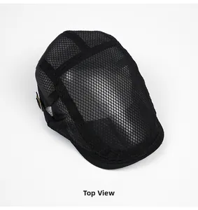 Top view of black mesh flat cap featuring breathable honeycomb texture and metal side buckle