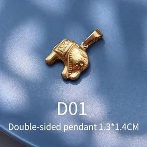 Double-sided 18K gold-plated elephant pendant with intricate carvings and 1.3*1.4CM size