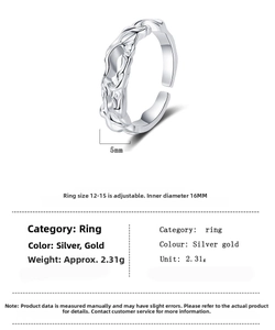 Detailed view of the 5mm liquid lava texture open ring with size specifications and weight