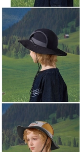 Detail of kids sun hat featuring wide brim, adjustable wind cord and breathable mesh panel
