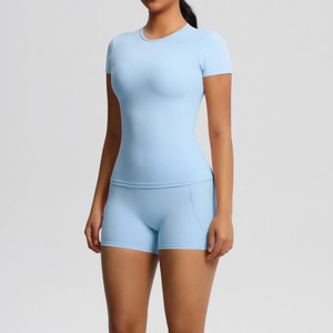 Light blue two-piece yoga set featuring a slim fit short sleeve top and high-waist shorts