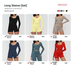 Collection of women's long sleeve yoga sets shown in black, blue, red and yellow colors