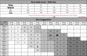 Size chart table for men's business casual trousers from S to XXL with precise measurements