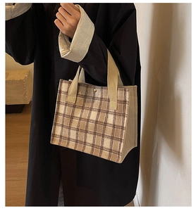 Detail of brown plaid canvas tote bag with beige webbing handles held by a model