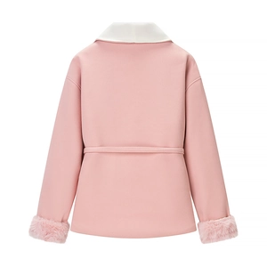 Back view of pink wool coat with white stand collar and faux fur cuffs with waist tie