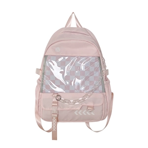 Pink preppy style backpack with large clear PVC window and acrylic chain decoration
