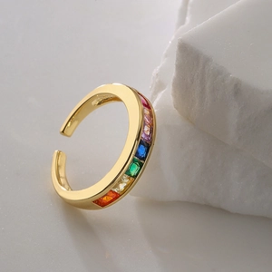 18K gold plated adjustable open ring with colorful rainbow square-cut zircon stones