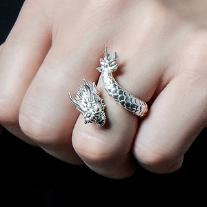 Vintage silver-plated Chinese dragon open ring featuring intricate dragon scale textures