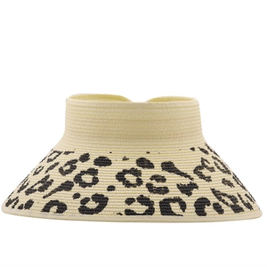 Detail of woven straw sun hat visor with stylish leopard print brim and cream texture
