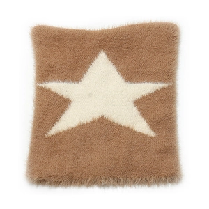 Close-up of brown faux fur winter hat featuring a soft texture and white star detail