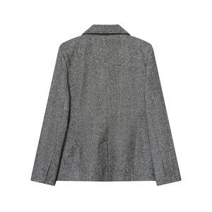 Classic grey herringbone blazer for women featuring a stylish peplum hem and wool-like texture