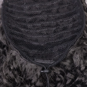 Detail of breathable black mesh cap with steel combs and adjustable drawstring on wig