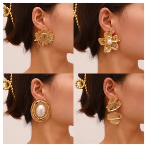 Irregular Flower Petal Stud Earrings Alloy Faux Artificial Pearl Oversized Exaggerated Vintage Texture Fashion Jewelry For Women