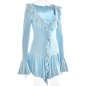 Detail view of light blue long sleeve dress with ruffled hem and drawstring waist tie