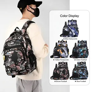 Nylon Backpack And Sling Bag Large Capacity Football Graffiti Pattern Lightweight School Travel For Boys Students