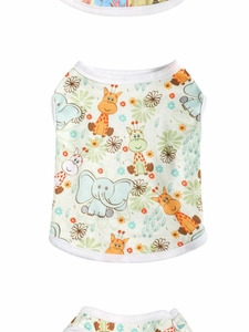 Detail of soft polyester dog vest featuring cute cartoon giraffe and elephant prints