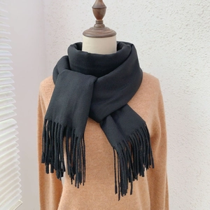 Detailed view of black cashmere-feel scarf featuring classic fringe tassels on a mannequin