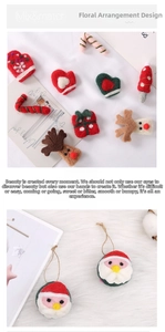 Detailed close-up of handmade wool felt Christmas ornaments with reindeer and Santa shapes