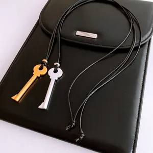 Vintage Key Pendant Necklace Alloy Metal With Black Leather Wax Cord Minimalist Long Sweater Chain Retro Jewelry For Women