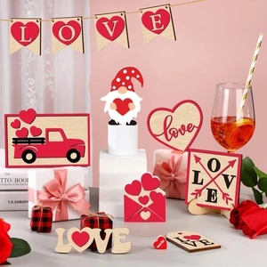 Close-up of tiered tray decor set featuring red truck and heart gnome for Valentine's day