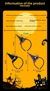 Detailed Halloween witch hat headband dimensions in non-woven black, purple, and brown fabric