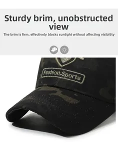 Detail of camouflage baseball cap with Fashion Sports embroidery and sturdy visor