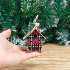 Handheld red and black plaid wooden house ornament with JOY text for Christmas tree decor