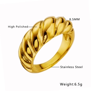 8.5mm high polished stainless steel croissant ring with vintage textured gold finish