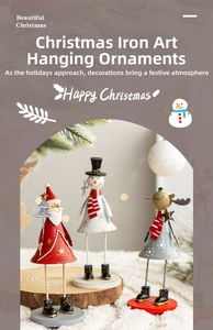 Detail of Nordic iron Christmas ornaments featuring Santa, snowman and elk on wood bases