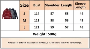 Tableau des tailles détaillé pour gilet en maille vintage montrant les mesures S, M, L
