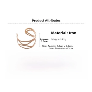 Detail view of rose gold hollow wave cuff bracelet with iron material dimensions and specs