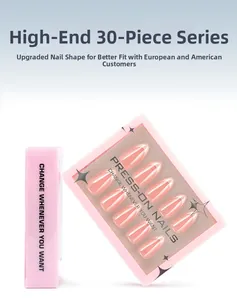 Detail of high-end 30 pieces light pink jelly almond press-on nails in branded packaging