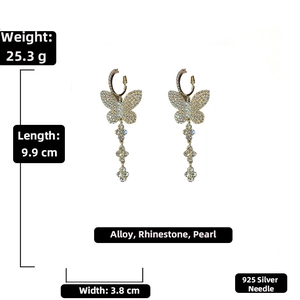 Detailed size chart of luxury butterfly tassel earrings with rhinestones and faux pearls