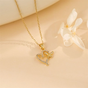 18K gold plated necklace with micro-pave heart and butterfly pendant for women