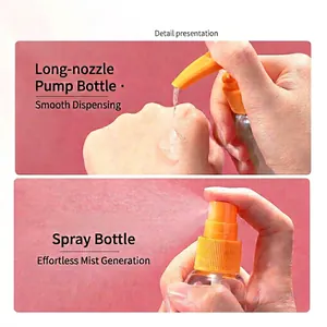 7-piece travel toiletry set with orange pump and spray bottles for cosmetics