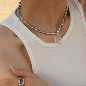 Titanium steel beaded necklace with clear heart pendant and irregular silver ring