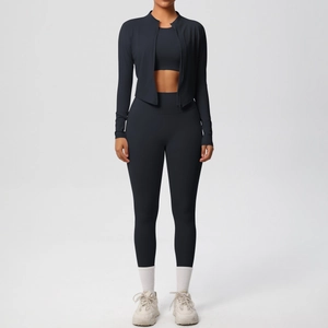 Detail view of black 3-piece yoga set featuring zipper jacket and high waist leggings