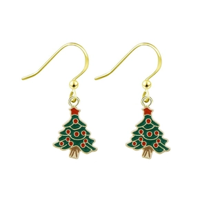 Detail of Christmas tree drop earrings with green and red enamel in gold finish