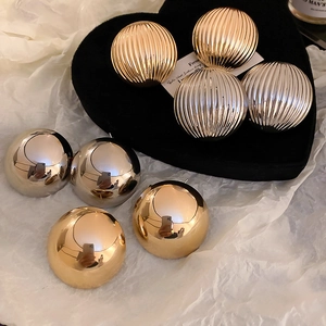 Metal Spherical Stud Earrings With Silver Earring Post Large Round Smooth Mirror Striped Texture Retro Style For Women