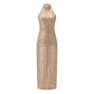 Sexy Neckholder Rückenloses Maxikleid Elegant Pailletten Strass Mesh Bodycon Abendparty Bankett Kleid Damen