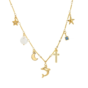 18K gold plated stainless steel necklace with star, moon, dolphin and zircon pendants