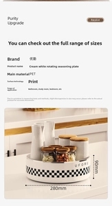 Close-up of cream white rotating spice rack with dimensions and checkerboard detail