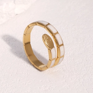 Classic snake-shaped gold open ring with white enamel detail in minimalist setting