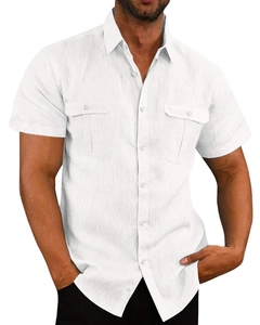 Detail of white cotton linen shirt showing dual chest pockets and textured fabric