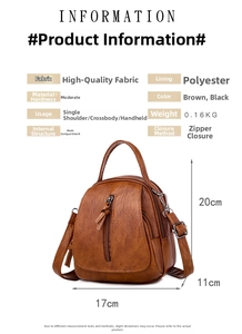 Detailed product information of brown textured leather crossbody bag with dimensions and fabric