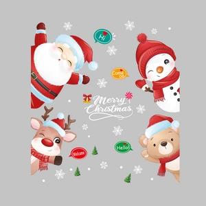 Removable Christmas wall stickers with Santa, snowman, and reindeer cartoons for home decor